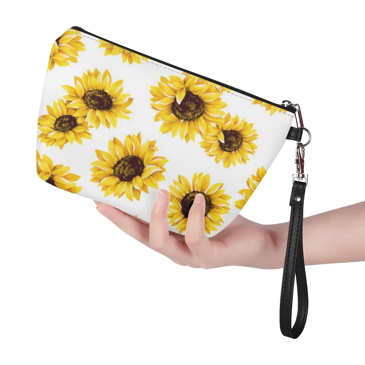 

2021 design yellow sunflower logo leather cosmetic bag With detachable handle canvas cosmetic bag Customized female bags, Picture