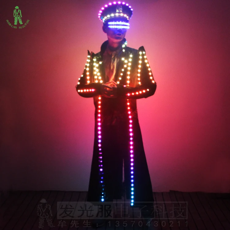 

led light up clothes colorful Ballroom dresses Show Nightclub DJ Party dance costumes with Hat & Glasses Luminous dress