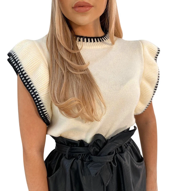 

Women Spring New Chic Style Round Neck Solid Color Sleeveless Ruffle Sweater Jumper, 2 colors