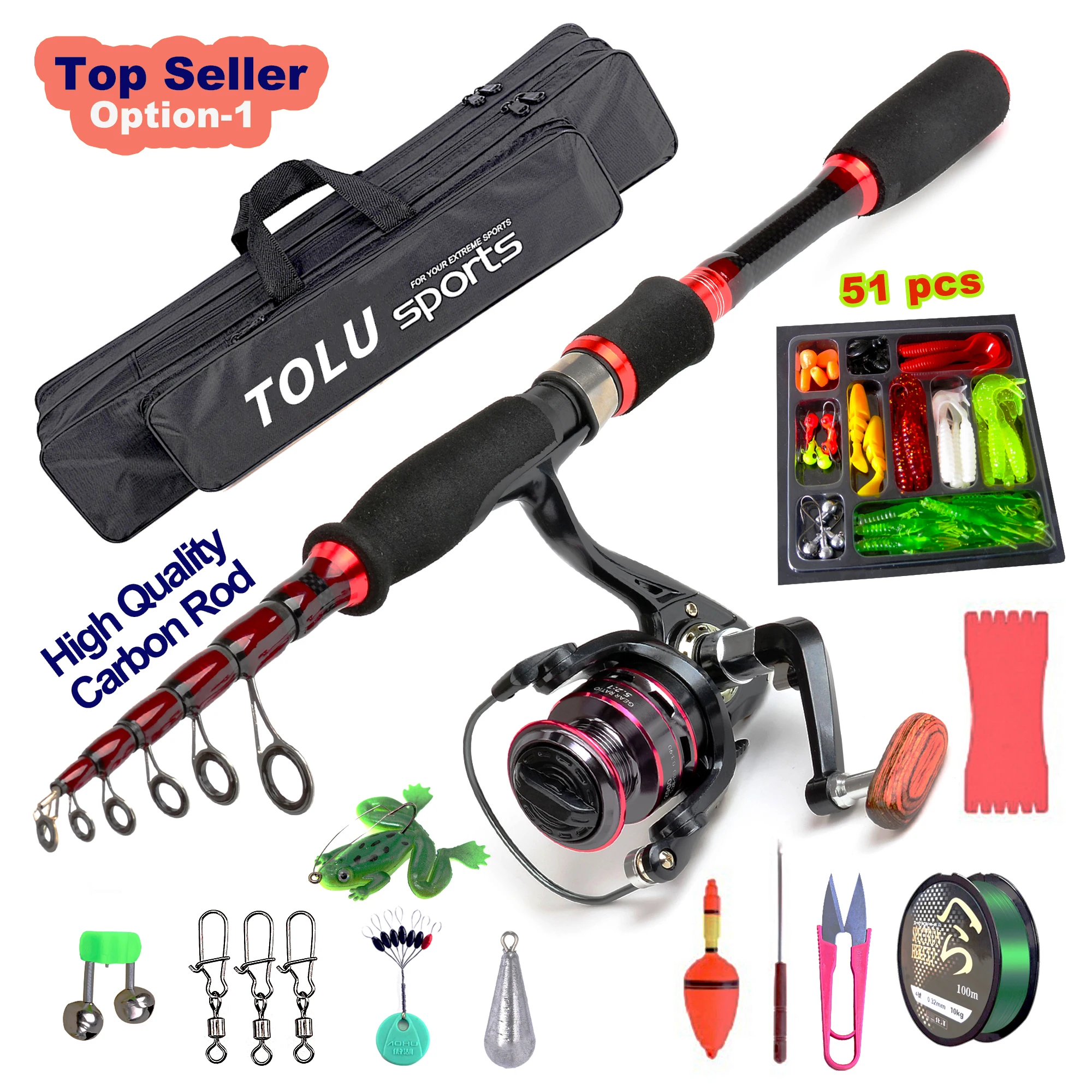 

TOPLURE 2.1m Spinning Telescopic Fishing Rod and Reel Combo Set kit with Reel Bag Line Lures Hooks and Accs for Adult