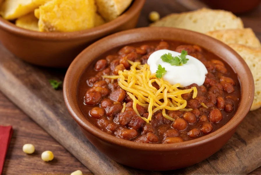 Traditional chili served with cornbread, shredded cheese, and sour cream on a wooden table