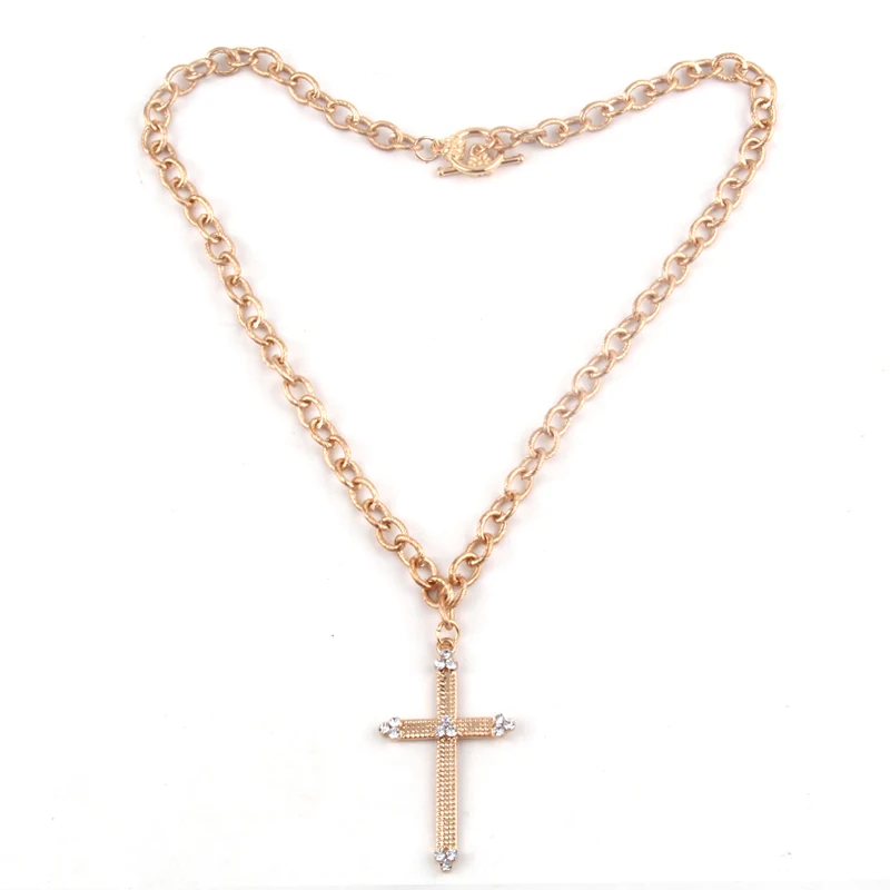 

Fashion Bohemian Jewelry Women Boho Necklace Gold Links Chain Micro Zircon Pave Cross Pendant Necklace
