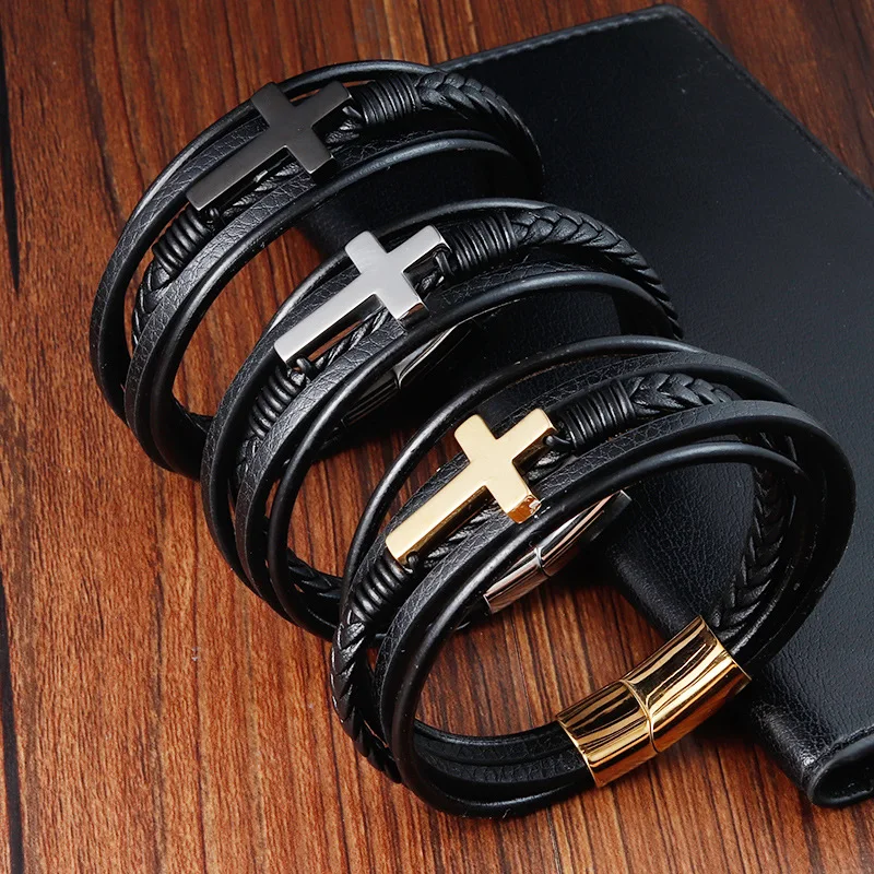

Leather Bracelet Stainless Steel Leather Braided bracelet Cross Genuine leather Multilayer men's jewelry