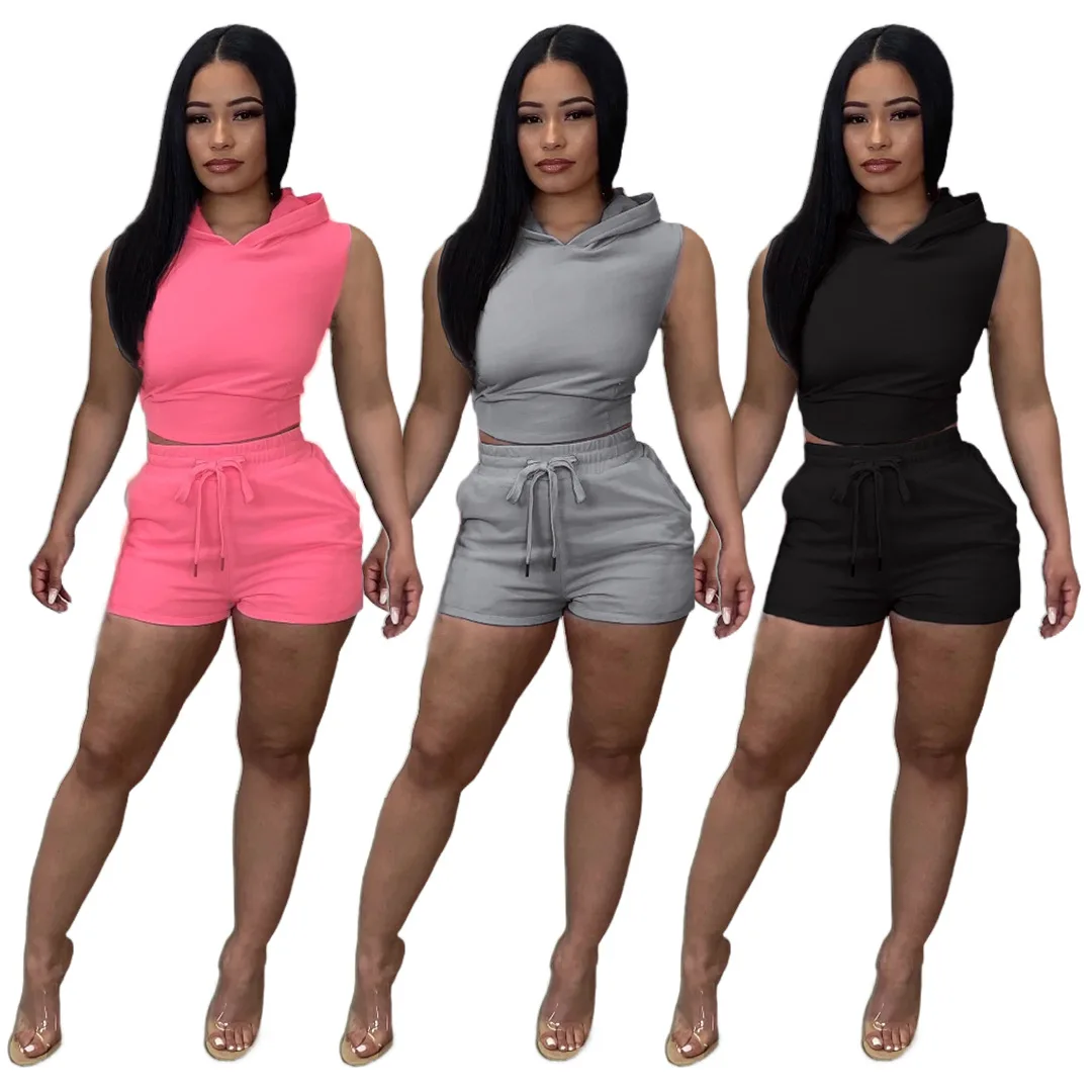 

2022 new arrival casual sleeveless sexy hollow out hooded sweatsuit crop top two piece shorts set summer outfits women