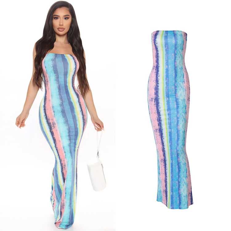 

Spring Summer Streetwear Casual Outfits Slash Neck Tye Die Style Maxi Tube Dress Sleeveless Women Fashion Sexy Dresses