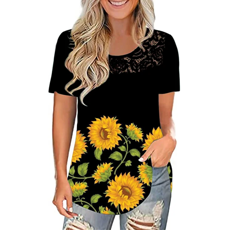 

GP-YCX017 Fashion lace patchwork shirt for women 100% polyester sublimation t shirts ladies plus size shirts