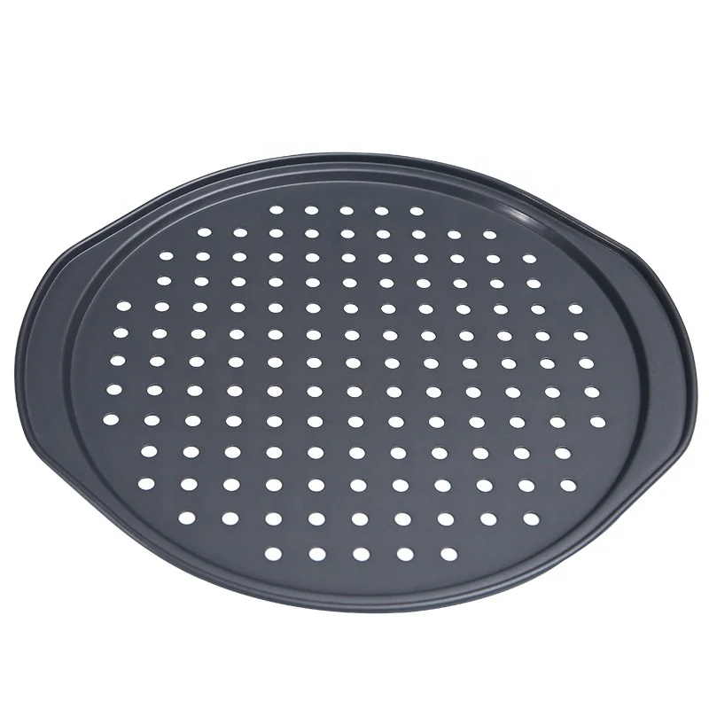 

Home Use Black Carbon Steel Non Stick Coating Round Pizza Maker Pan Tray With Holes, As photo