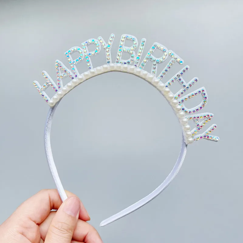 

Pearl Birthday Diamond Headband Letters Happy Shiny Party Dress Up Birthday Hat Decoration