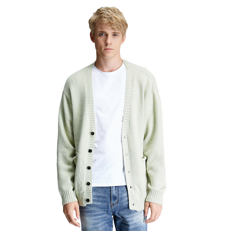 

V Neck Long Sleeve Pure Color Button Sweater Men Cardigan, Yellow, black, mint green