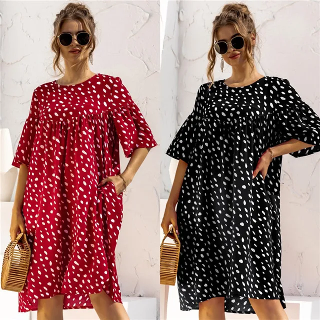 

2021 Spring And Summer New Hot Sale Casual Loose Pocket Dress Round Neck Floral Dress Women's, Picture color