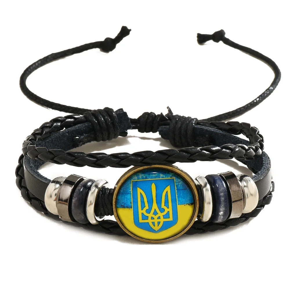 

pulsera Multilayers Hand Woven Adjustable Black PU Leather Rope Custom Ukraine Flag Bracelet for Men jewelry Schmuck