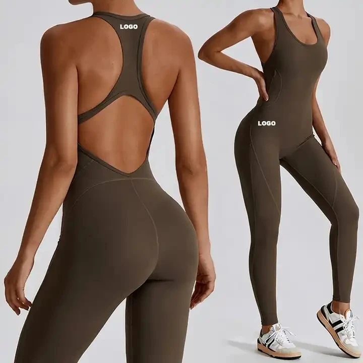 

Custom Logo Women Full Length Bodysuit Casual High Elasticity Training Dance Fitness Hollow Out Back Jumpsuit