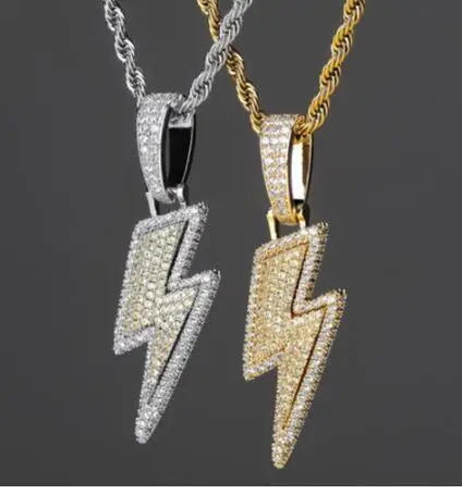 

Ice out lightning hip hop pendant full of zircon hip hop men's fashion necklace jewelry gift, Gold,silver,black
