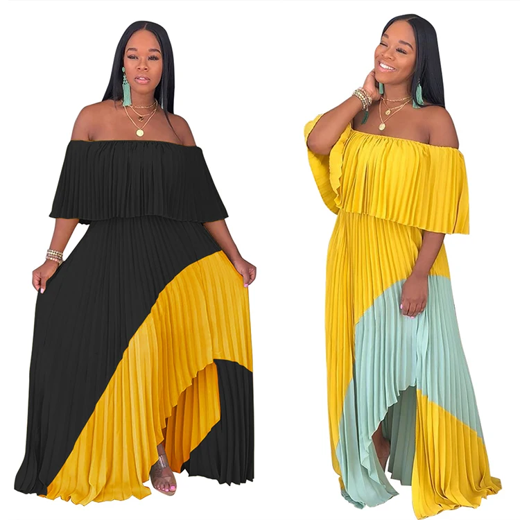 

Q297 Summer Stitching Long Skirt Ruched Dress Off Shoulder Dresses Chiffon Dresses