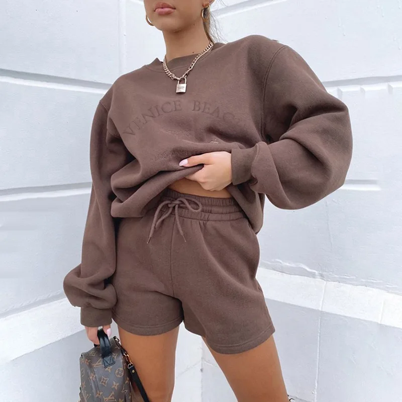 

Casual Two Piece Set Women Long Sleeve Hooded Matching Sets Wear Outfits Hoodies Work Out Sweat Shorts Suit, Coffee green