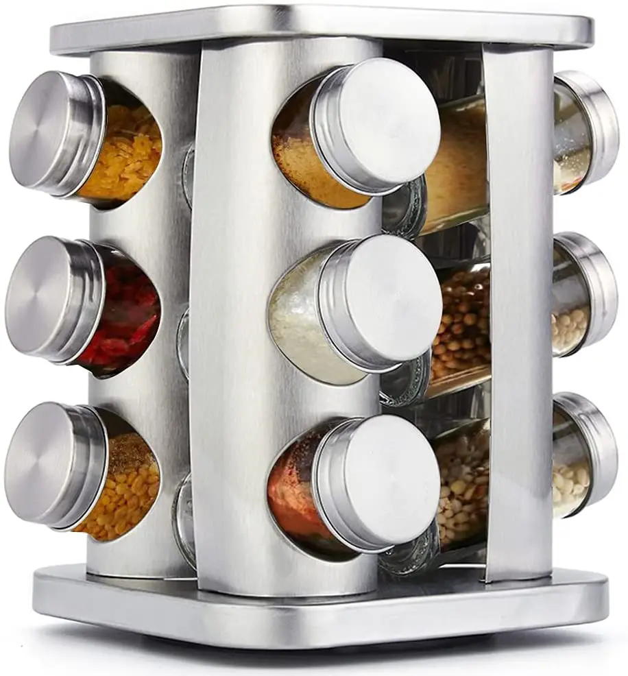 

Home Kitchen Standing Rotating Spice Rack Organizer for Countertop Spice Holder Tower With 12 Seasoning Jars, Silver