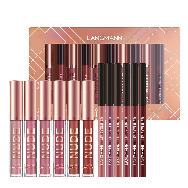 

Langmanni 6+6 Cross-border Makeup Lip Gloss Lip Liner Set 12 Sets Of Non-stick Matte Lip Gloss Set
