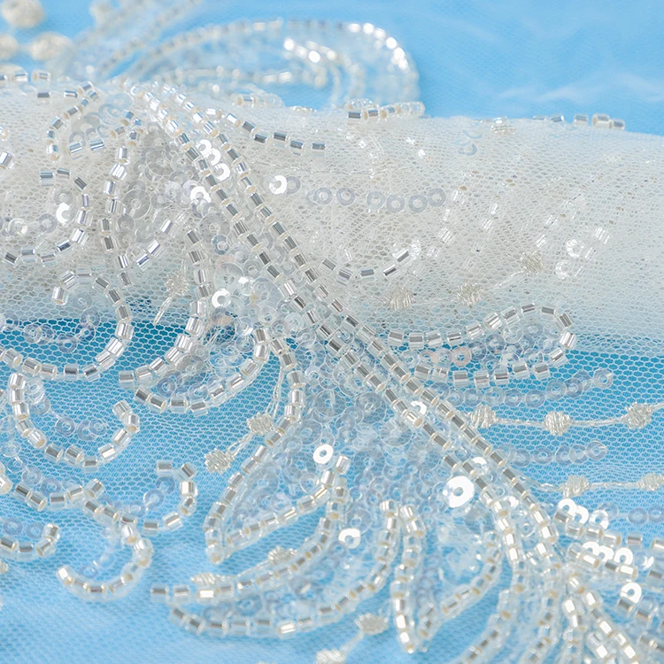 

GY4046 Luxury white tulle heavy beads with big sequin mesh embroidery fabric lace, White,custom