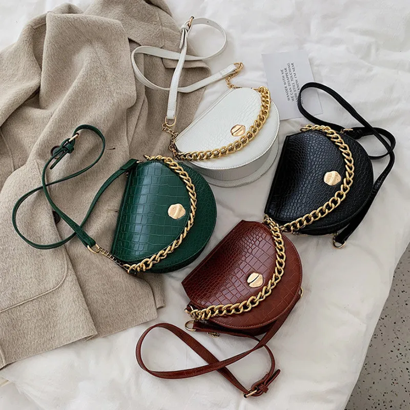 

2021 Fashion korean designer crocodile pattern vegan leather womens shoulder bags handbags chain ladies saddle bag, 4 colors