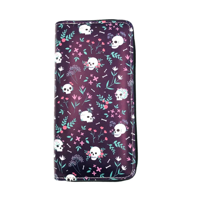 

Small broken flower skull Pu Wallet Student Madam Long Zipper Bag passport bag