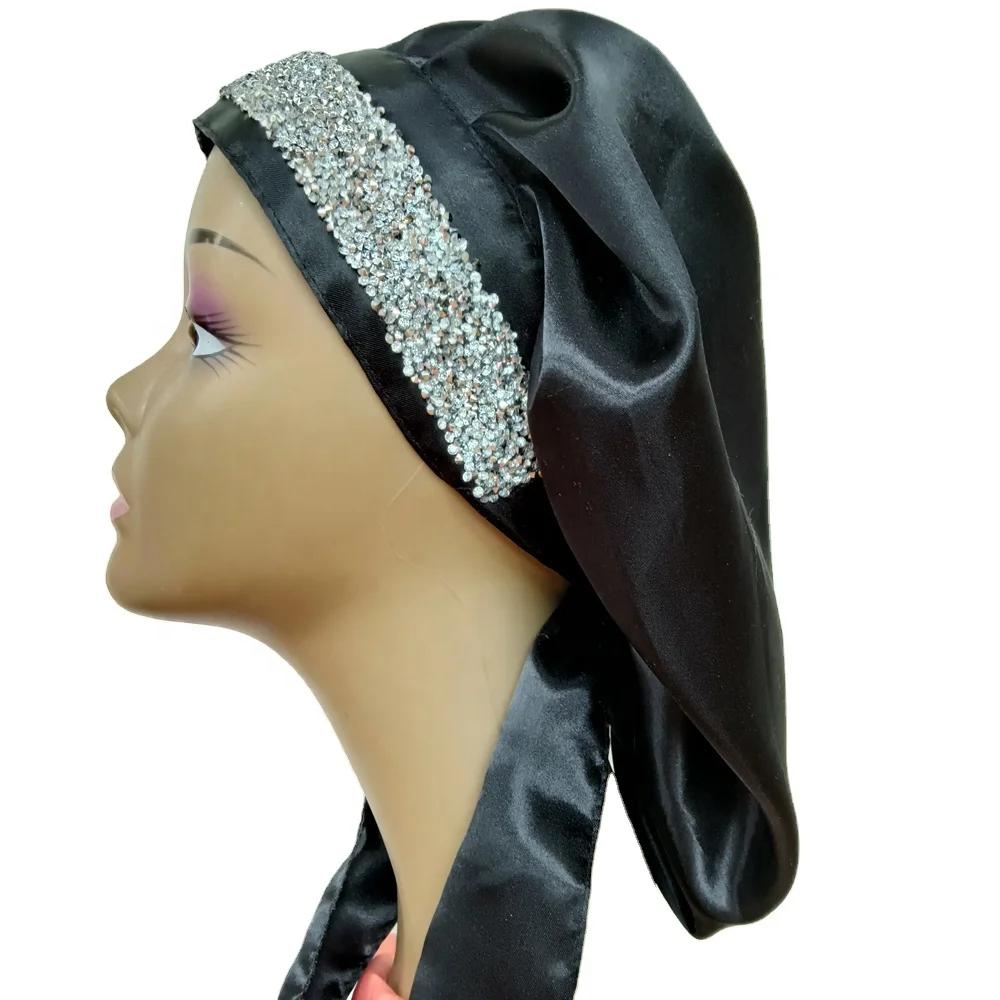 

Single Layer Satin Hair Edge Wrap Bling Sleep Caps with Tie Adjustable Silk Long Bonnet, Customize colors