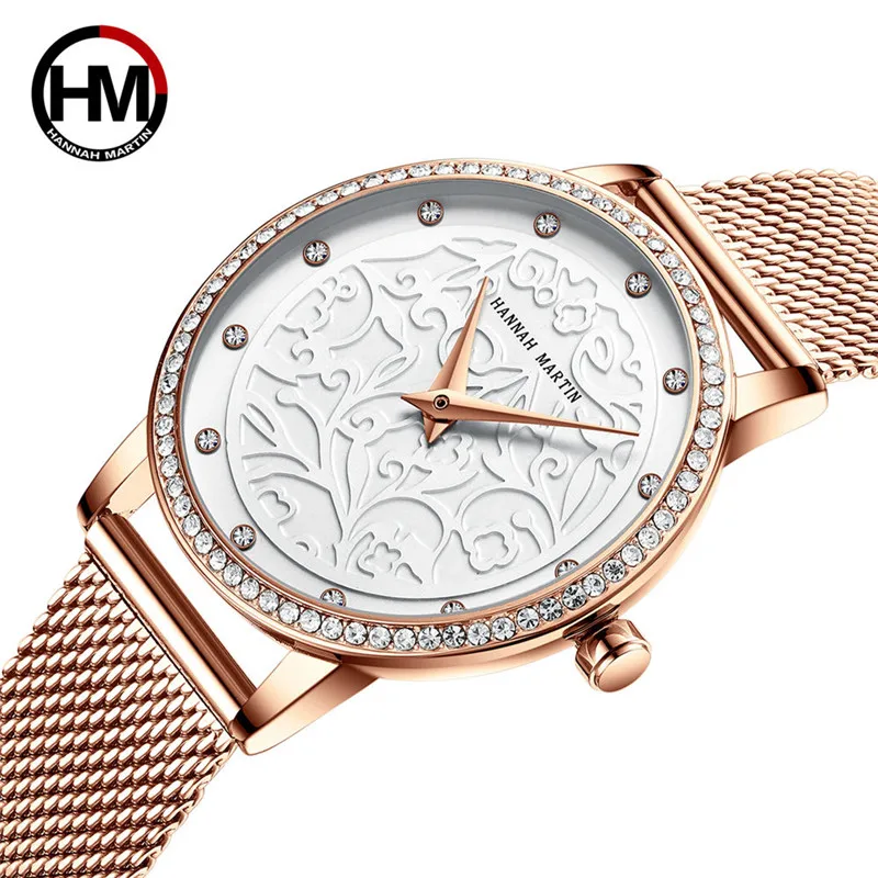 

Hannah Martin Stainless Steel Mesh Rose Gold Women Watches Japan Quartz Movement High Quality Waterproof Ladies Watch