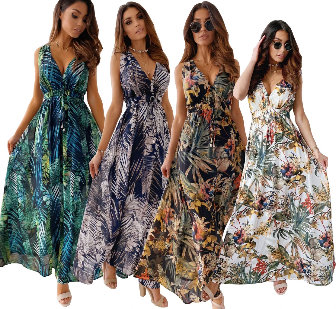 

2021 Low Moq Women Summer Dresses V Neck Slim Spaghetti Strap Long Sleeveless Dress Elegant Maxi Club Floral Print Long Dress