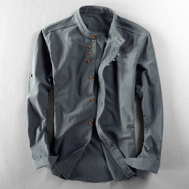

OEM Men's Cotton Linen Shirts Long Sleeve Solid Color Casual Soft Chinese Style Stand Collar Shirt Male Loose Shirt, Custom color