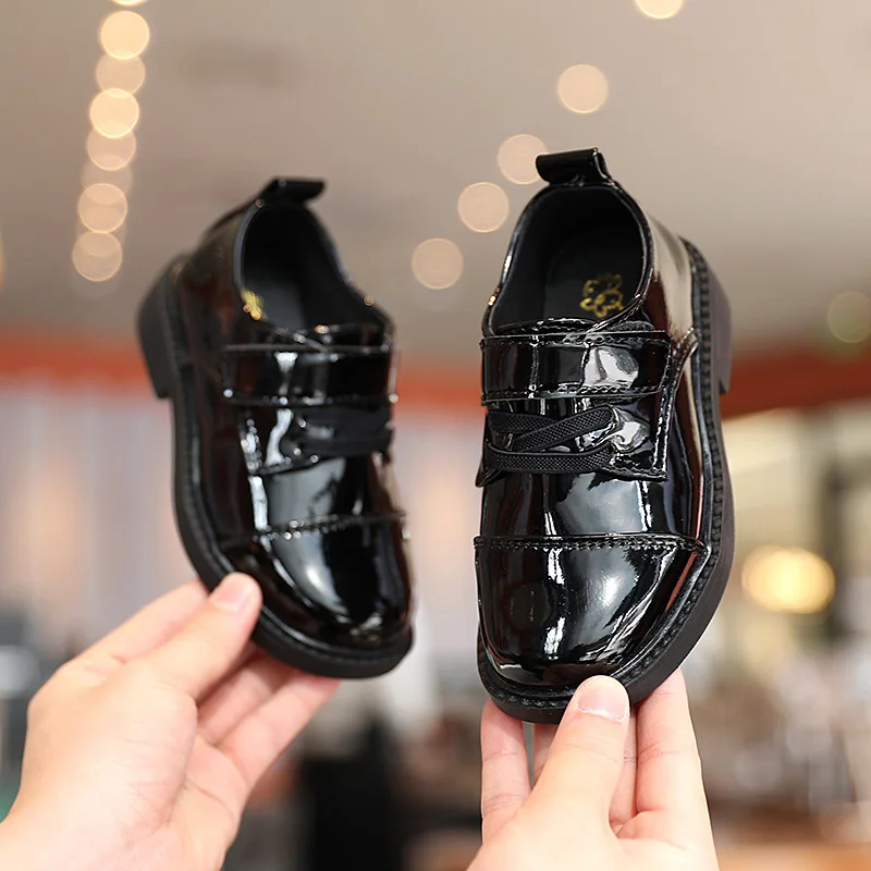 

New arrival hook loop high quality spring leather black kids school shoes, Black/white