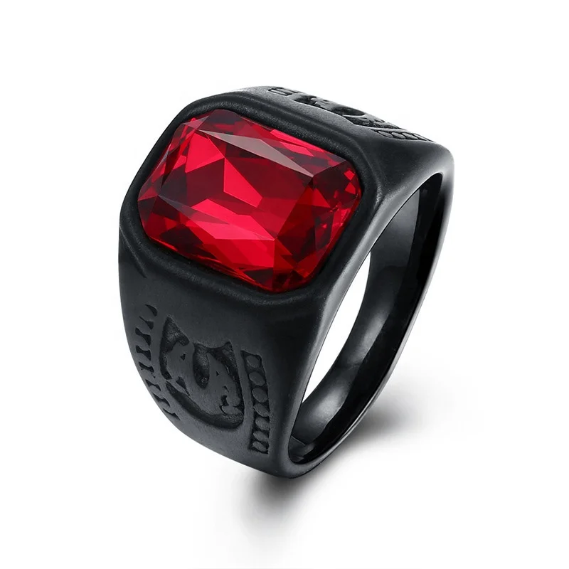 

Man's Red Crystal Stone Black Plated Stainless Steel Ring, Silver
