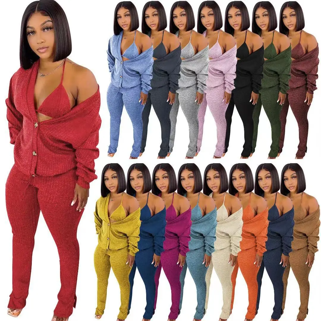 

Fall 2021 women clothes Cardigan 3 piece set clothing knit sexy bra and panties button up sweater set winter clothes for women