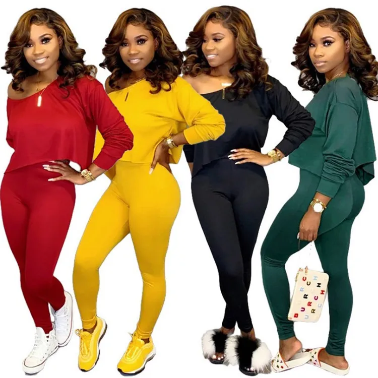 

2021 lady's autumn new solid color off shoulder loose long sleeve set, Yellow, red, black, green