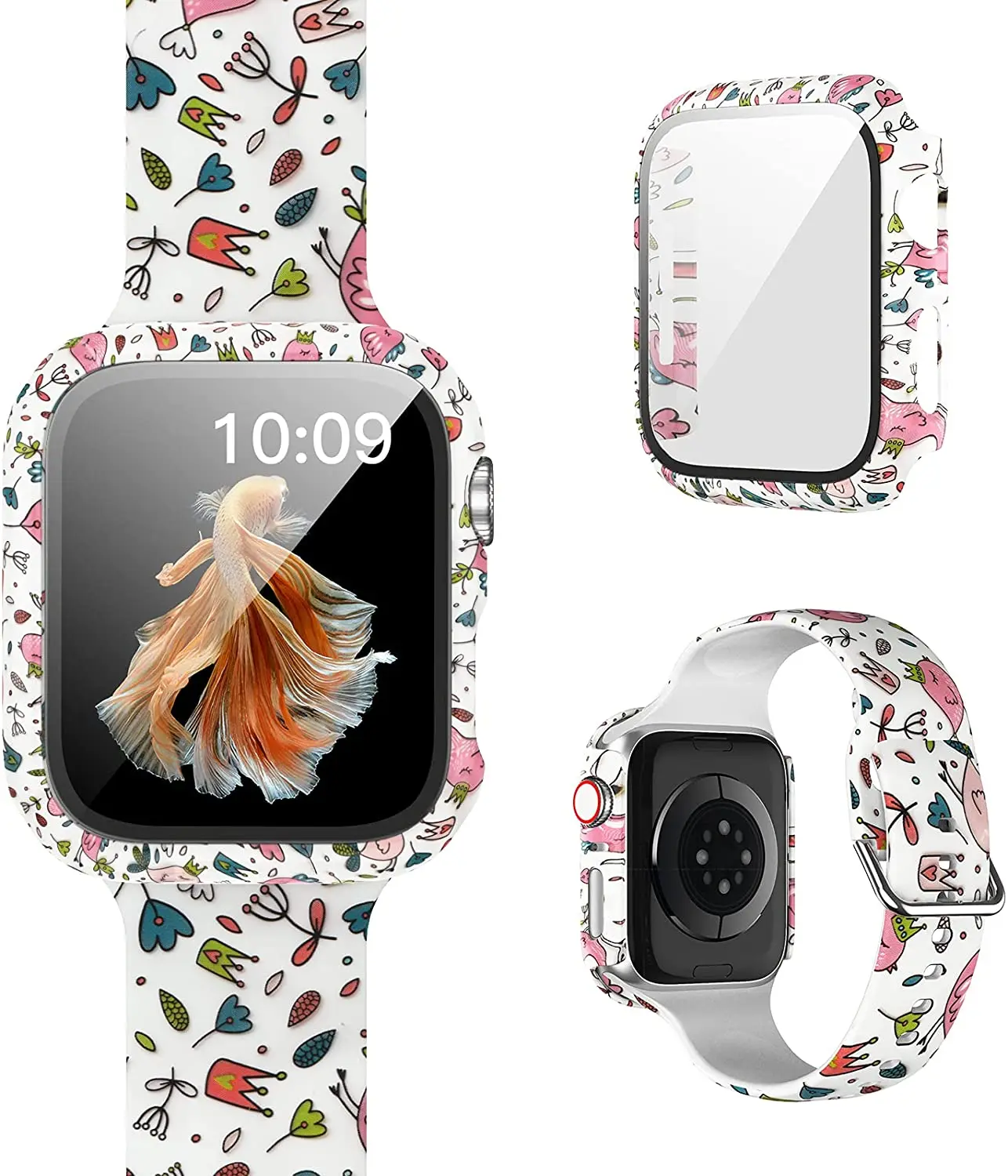 

For Apple Watch 38 40 42 44Mm Printed Silicone Glass Case Strap + Pc Tempered Film Integrated Protective Shell Iwatch Wristband