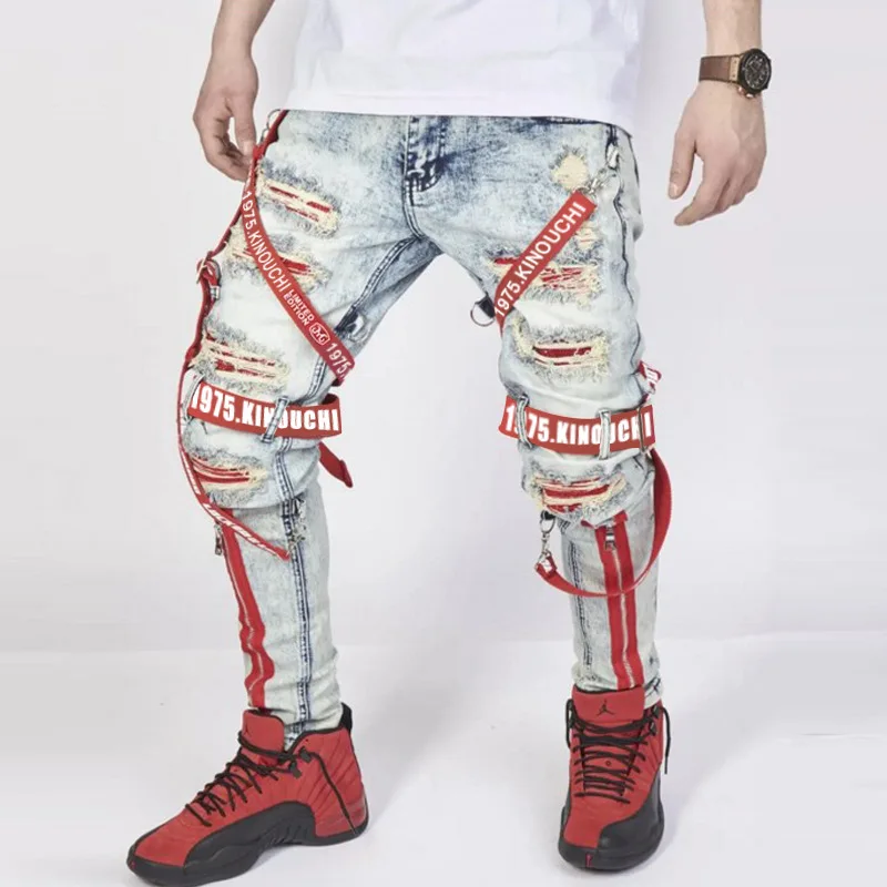 

QC - 067 New design street fashion men designers jean with zipper and lace up ribbon ripped cotton pencil men's jeans, As picture or customized make