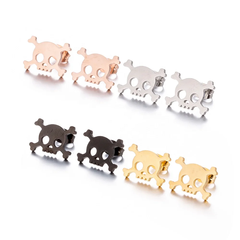 

INS Halloween Gift Jewelry 316L Stainless Steel Men Skull Earring Stud, White, gold, black,rose gold