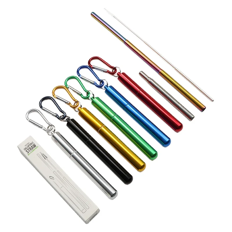 

Eco Friendly Folding Telescopic Reusable Straws Foldable with Case Collapsible Keychain Metal Straw