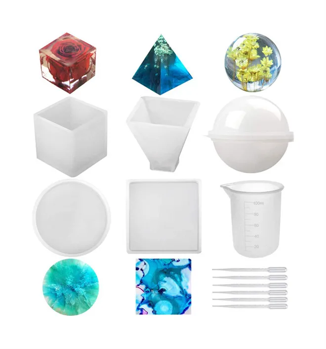 

Silicone Resin Mold Set Resin Casting Molds Including Sphere Cube Pyramid Square Round shape for Resin Epoxy Candle Wax Bowl Mat, White