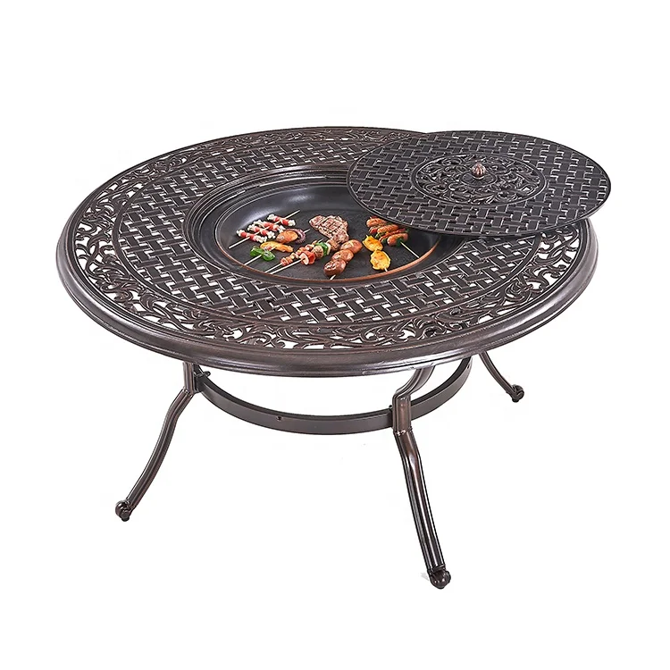 

Outdoor leisure garden table round die cast aluminum charcol grill bbq table barbecue table for family gathering, Copper