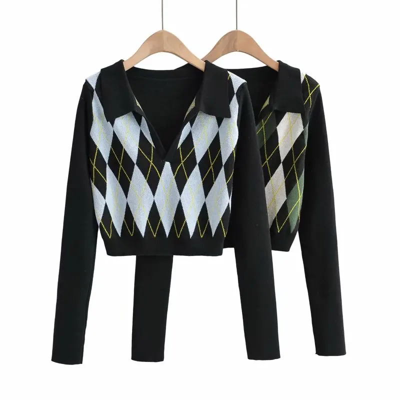 

Women's Argyle Pattern Long Sleeve Italian Collar England Style knitted Sweaters Ladies Top crop Pullover black sweater