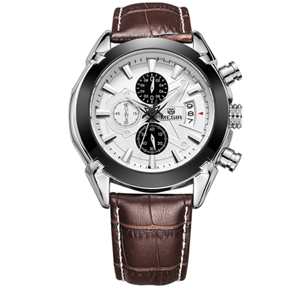 

MEGIR 2020 Casual Watch Luxury Men's Brand Quartz Wrist Watch Men's Genuine Leather Military Sport Watch, 2 color for you choose