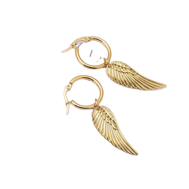 

Single Wing Pendant Earrings New Gold Plated Stainless Steel Feather Drop Earrings Women Men