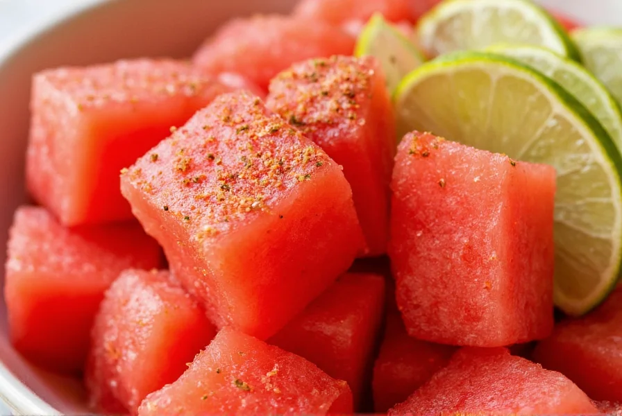 Close-up of chili and lime seasoning sprinkled on fresh watermelon cubes with lime wedges