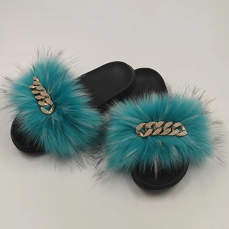 

Dropshipping Fashion fluffy fur warm slippers environmental faux fox fur slide for women customized fur EVA slippers, Multi color