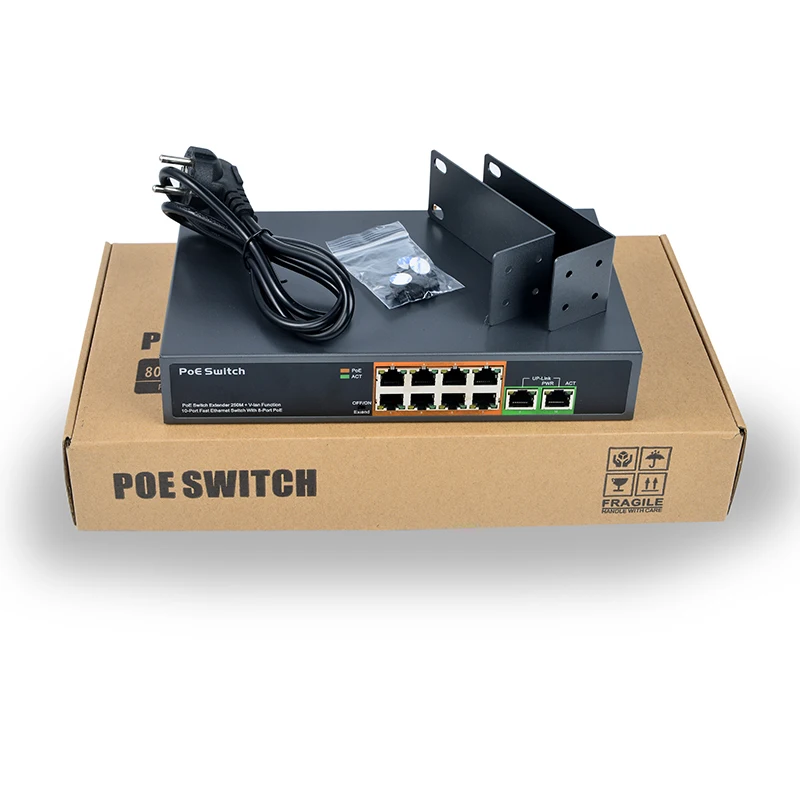 

8 port poe + 2 uplink poe switch 48v extender 250meter 150W big power IEEE802.3af/at standard poe network switch