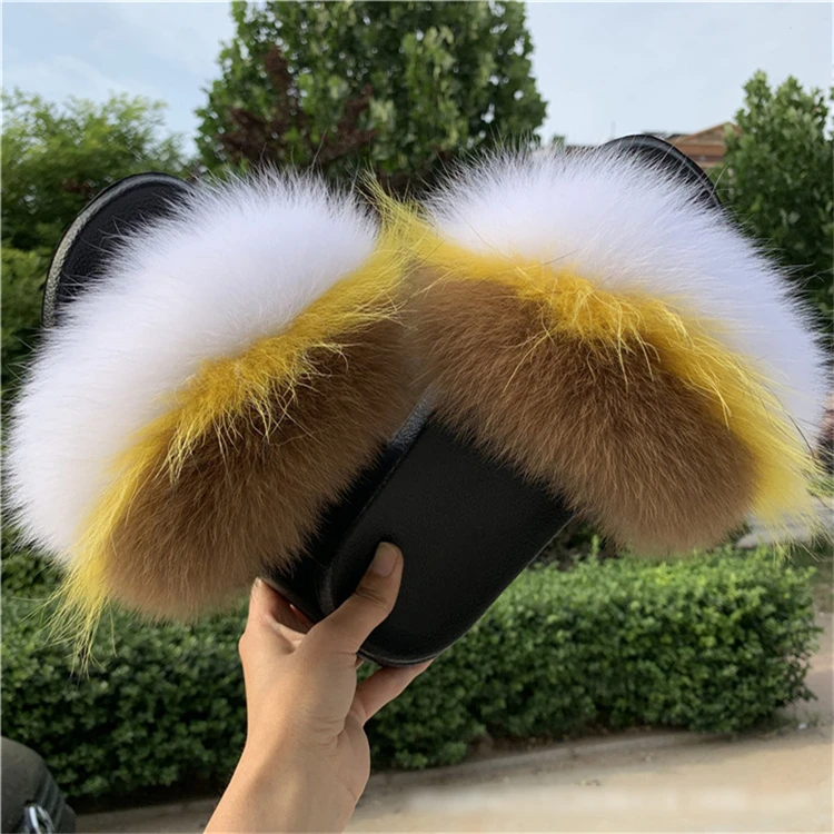 

Cost Effective Female Super Fashion Vacation Real Fox Slippers Colorful Fur Slides