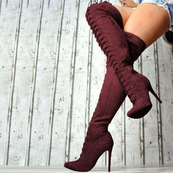 

Skintight Suede Sexy Front Lace Up Women Over Knee High Boots Thigh High Side Zipper Boots for Women Big Size 43 Thin Heel, Black,grey,khaki,red
