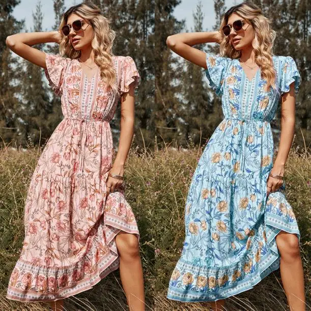 

Floral rayon boho beach long maxi dress womens 2022 Wholesale fashion bohemian spring dresses clothing ladies summer for women, Any custom color