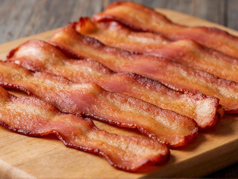Perfectly crisped homemade bacon slices on wooden board