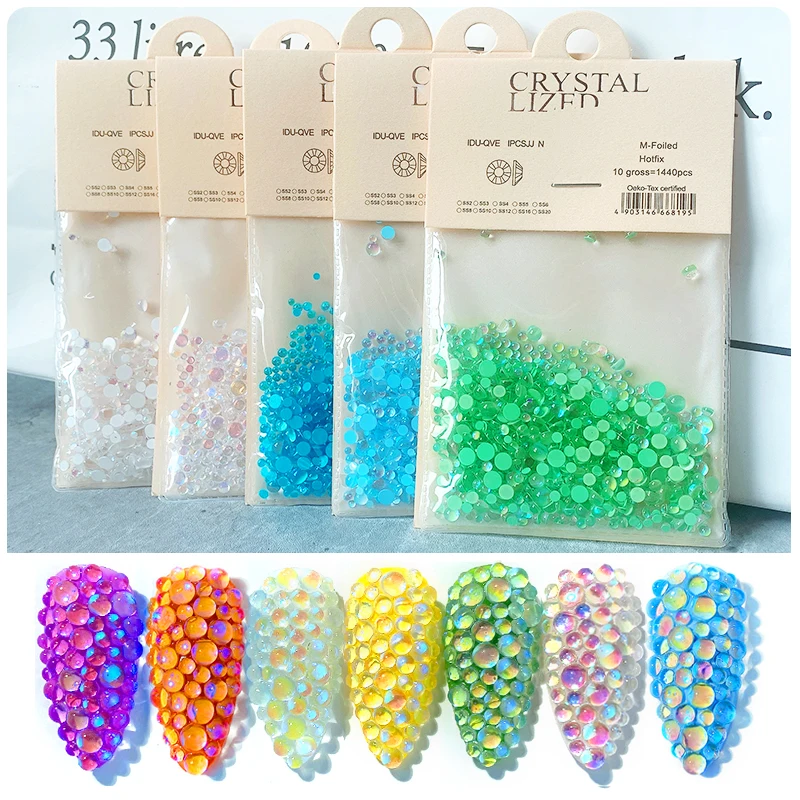 

1440pcs/pack Candy Colorful Mix Size Nail ArtDecoration Mermaid Aurora Nail Diamonds Semi Transparent Crystal Nail Rhinestones