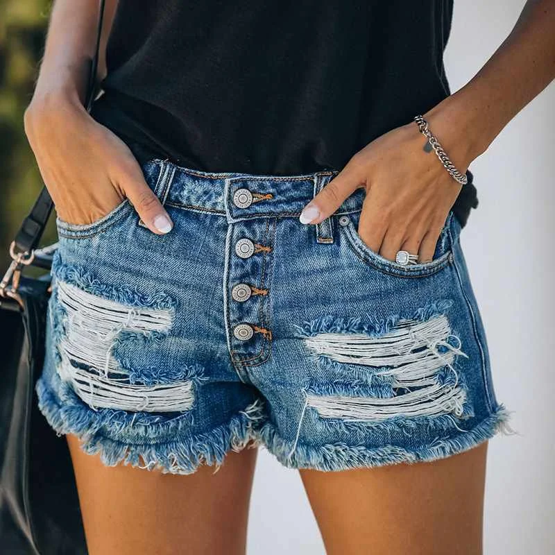 

Mzl's Love Fashion Ladies Denim Shorts Mid-waist Frayed Hem Ripped Denim Shorts